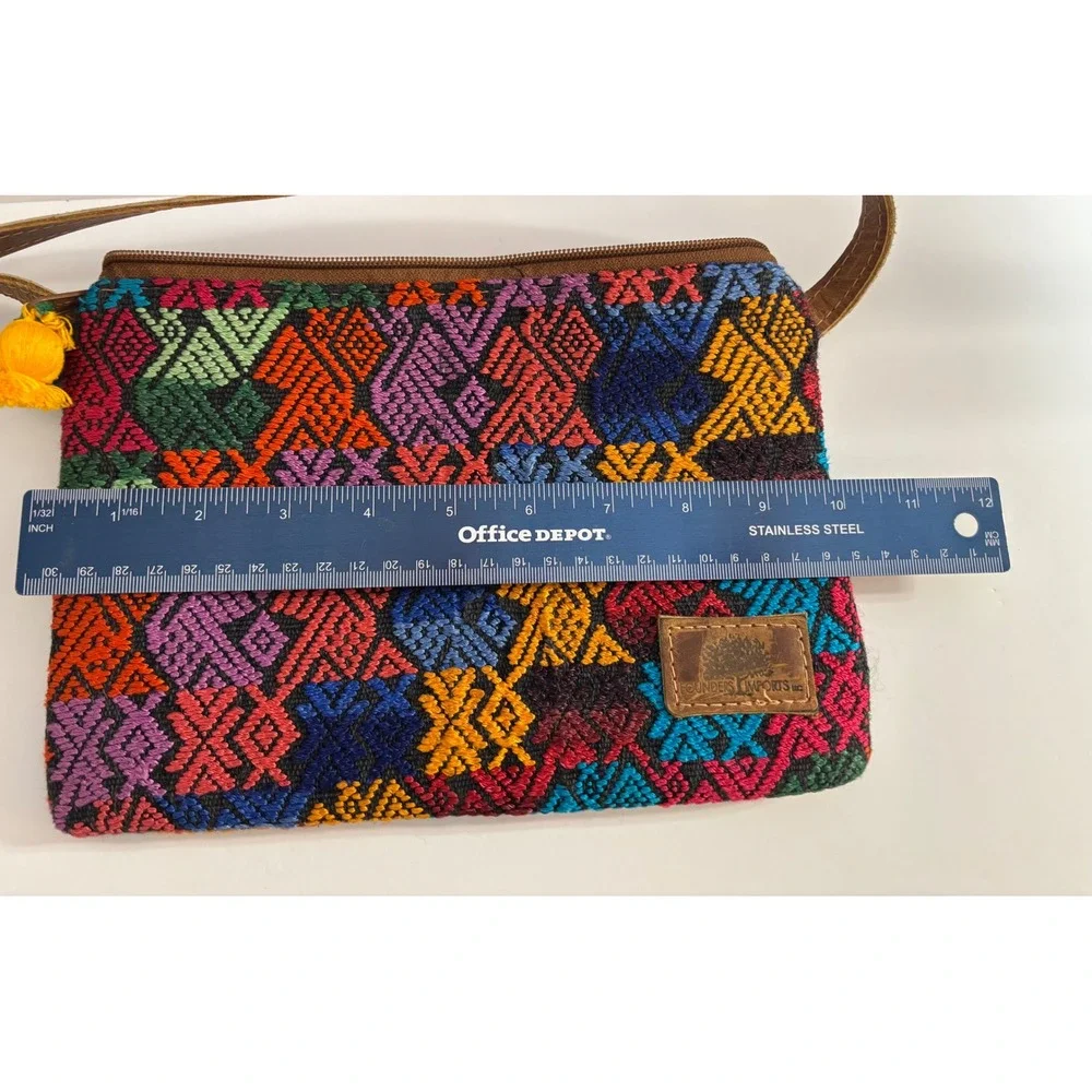 Founders Imports Crossbody Bag Small Multi Color Woven Boho Leather Strap PomPom